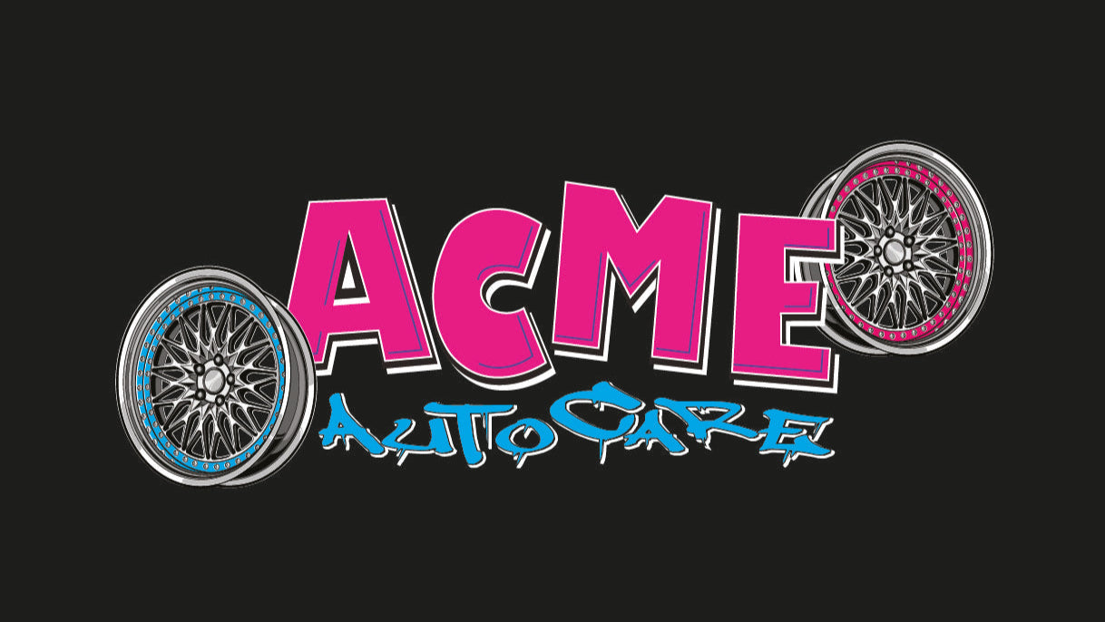 ACME Auto Care logo with pink text and car wheels on a black background